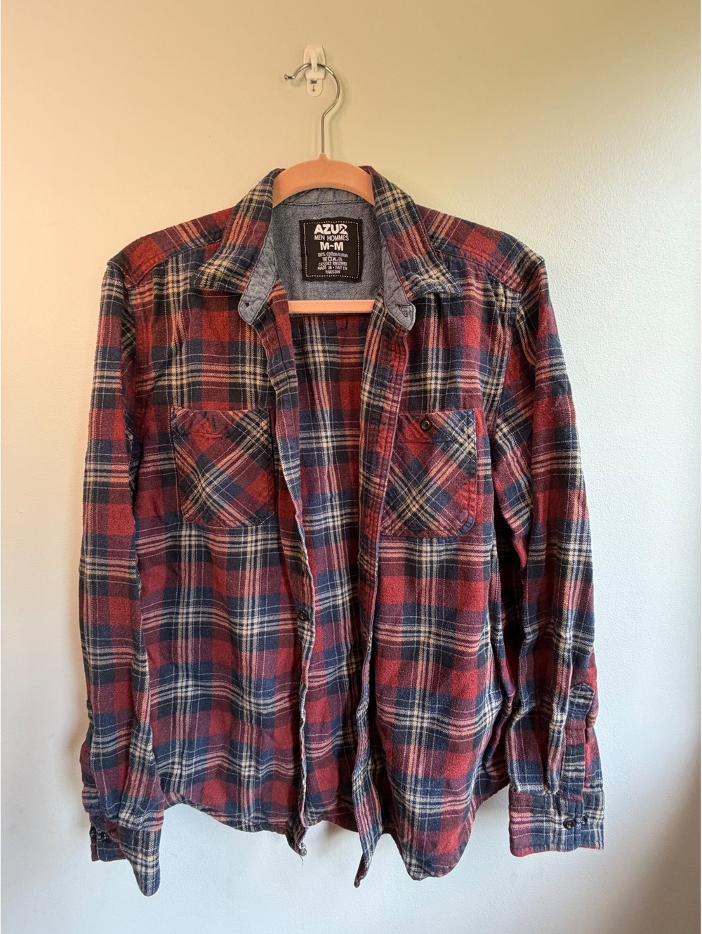Men's AZUL Red and Blue Plaid Cotton Flannel Shirt Medium